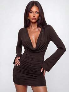 Avantive Women's Solid Color Deep V-Neck Casual Party Mini Dress - Coffee - View 6