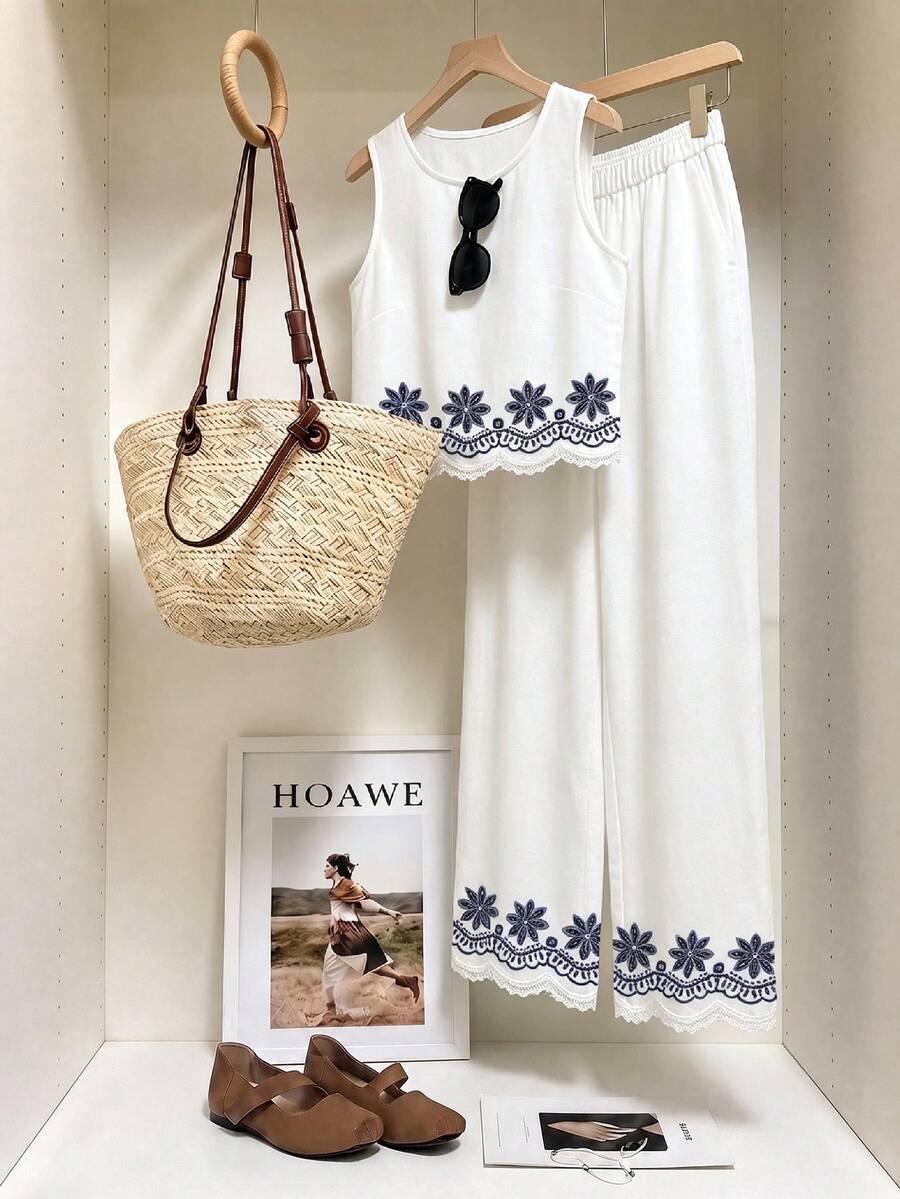 Muvela 女款休閒背心與長褲套裝,刺繡蕾絲拼接,夏季服飾,街頭風,適合日常通勤、約會、聚會、秋冬/夏季、派對、婚禮、海灘、畢業典禮,優雅休閒,適合外出、Y2K、音樂節穿搭、度假服飾、開學穿搭 - 彩色 - 查看 1