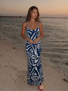 Aloruh Spring/Summer Vacation Spaghetti Strap Tie-Up Fitted Sexy Printed Women's Dress - Navy Blue - View 6