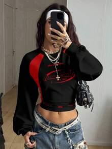 Coolane Sudadera corta casual de mujer con estampado de letras y mangas raglán - Multicolor - Ver 4