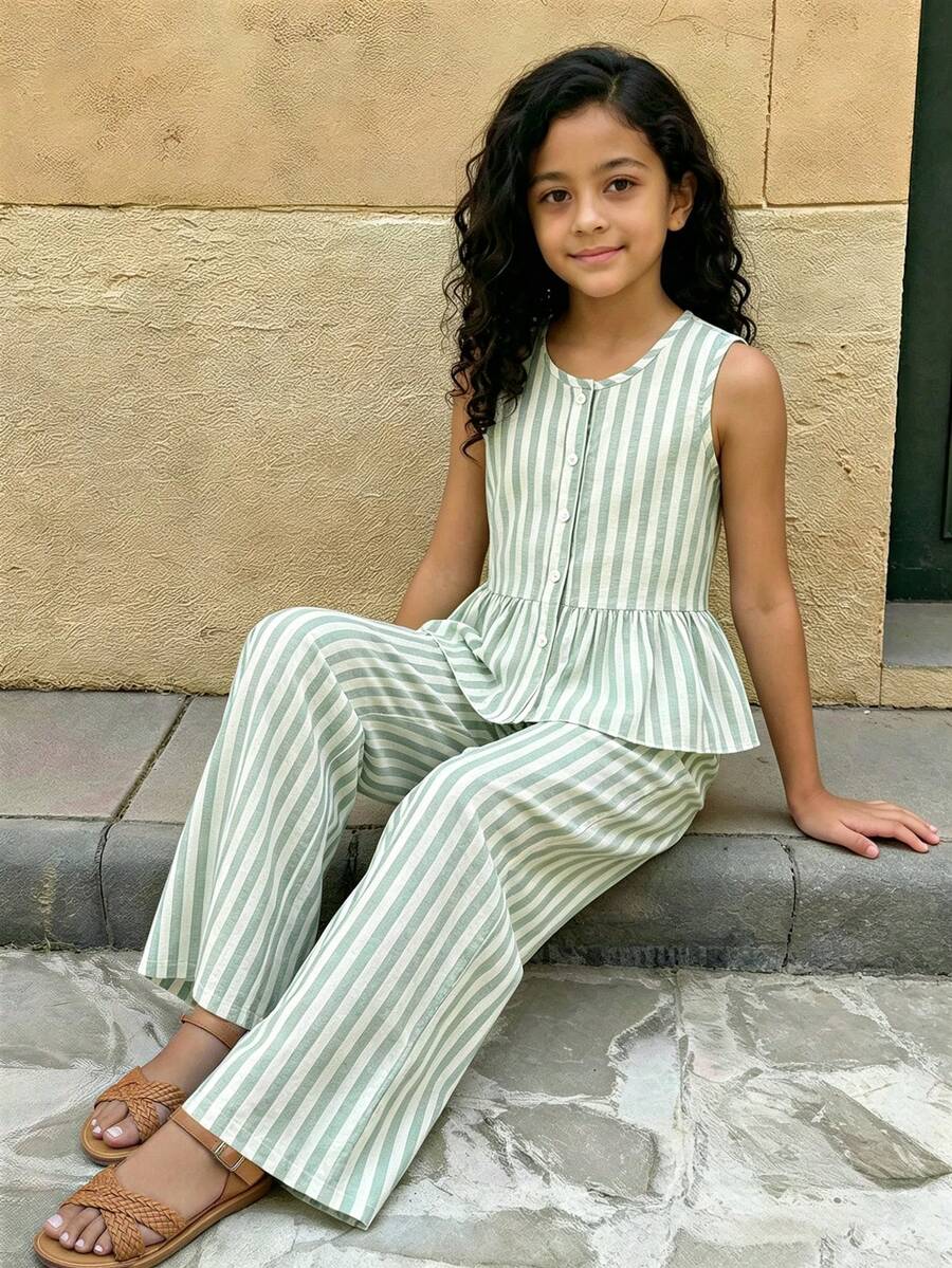 SHEIN Tween Girls 2pcs/Set Sleeveless Shirt With Bow Buttons And Elongated Pants Set, Summer, Cute, Casual, Outfit - Multicolor - View 1
