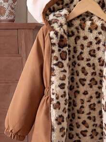 SHEIN Elladie kids 1件女童冬季粉色花卉保暖內裡拉鍊連帽外套，彈性腰頭，加厚保暖休閒西式通勤百搭簡約時尚夾克 - 棕色 - 查看 4
