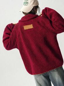 Bohemela Sweatshirt Wanita Kasual Warna Polos dengan Potongan Longgar - Merah - View 5