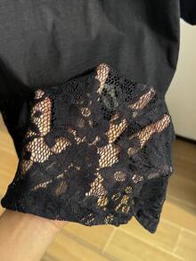 Comfortcana 女款大尺碼圓領拼接 A 字版型純色棉質娃娃風 T 恤 - 黑色 - 查看 6