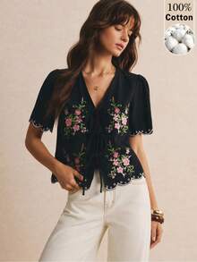 Poéselle Women's Cotton Casual Elegant Floral Embroidered Lace-Up Blouse, Going Out Brunch Vacation Tops, Work, Summer/Autumn Black And Pink - Black - View 2