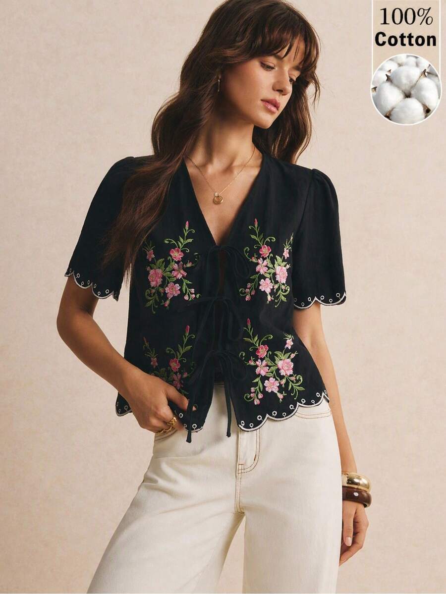 Poéselle Women's Cotton Casual Elegant Floral Embroidered Lace-Up Blouse, Going Out Brunch Vacation Tops, Work, Summer/Autumn Black And Pink