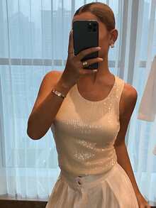 Livesso 女款亮片修身百搭日常休閒上衣 - 杏色 - 查看 4