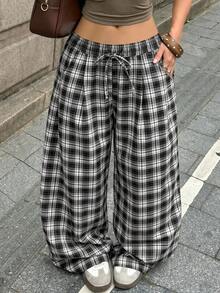 Coolane 女士夏季极简波西米亚风度假休闲基础款日常穿搭亚麻舒适低腰宽松裤 - 黑與白 - 查看 3