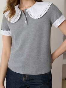 DAZY Women's French Embroidery Hollow Button Half-Placket T-Shirt School White Summer Cute Preppy Casual - Grey - View 3