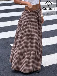 Muchica Falda larga plisada a cuadros marrón para mujer - Adecuada para uso casual diario, atuendos de vacaciones, estilo Y2K, looks de vuelta a la escuela y atuendos para conciertos. - Multicolor - Ver 5