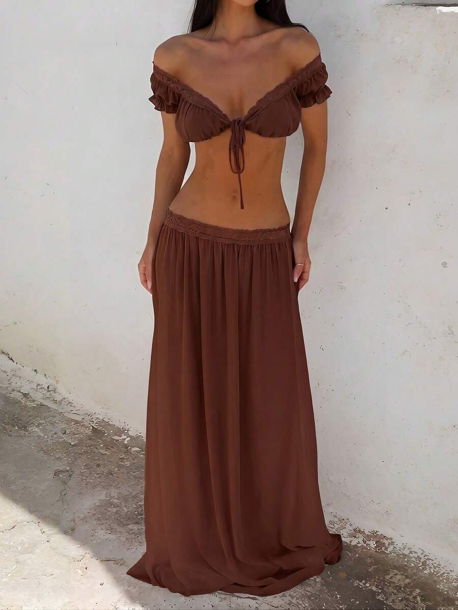 SHEIN ICON Women's Solid Color Shoulder Top And Pleated Skirt Fashion Two Pieces Set - Brown - View 1