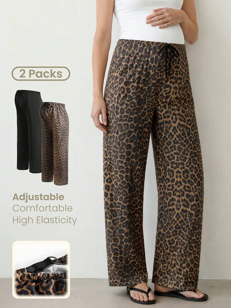 Modmama 2-Pack Maternity Pants For Pregnant Women,Leopard Cheetah Print & Brown,Summer Casual Lounge Comfortable Loose Sweatpants,Knotted Adjustable Bottoms - Multicolor - View 1