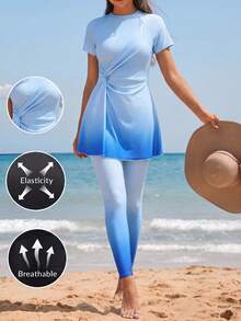 Swim Shayni Burkini Wanita Bahan Gradasi untuk Pantai Kolam Pesta Liburan Biru Royal Musim Panas Sopan Elegan - Biru - View 5