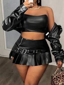 Slaydiva Plus Size/Western Wear Women/Holiday New Year Valentine's Day Fashion Pleated Mini Skirt - Black - View 1