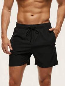 Palasendo Men's Solid Color Casual Beach Shorts, Holiday - Black - View 1