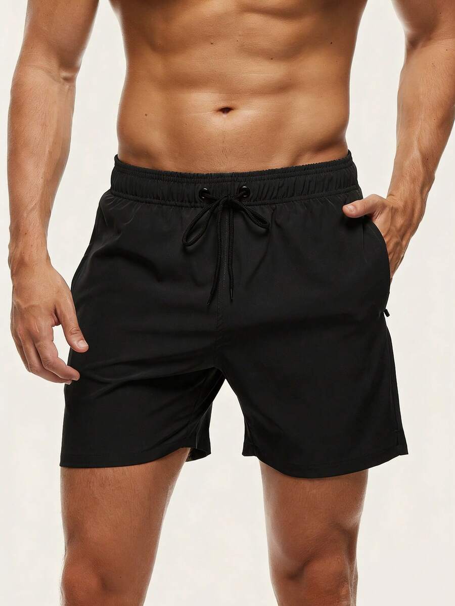 Palasendo Men's Solid Color Casual Beach Shorts, Holiday - Black - View 1