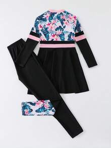 SHEIN Teen Girls' Flower Print Patchwork Bikini Set Summer Holiday - Black - View 2