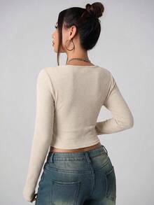 SHEIN ICON Fall Women's Square Neck Beige Basic Casual Fitted Solid Color Square Neck Long Sleeve Cropped Slim Fit Casual T-Shirt - Apricot - View 2