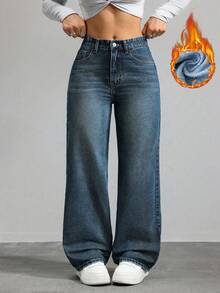 SHEIN ICON 大尺碼女款口袋寬腿鬆垮休閒復古牛仔褲 - 藍色 - 查看 1