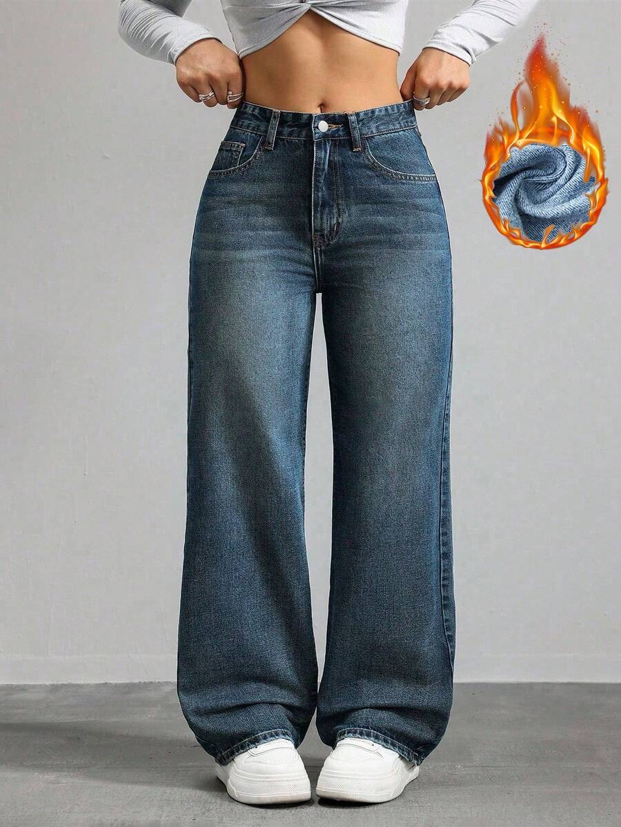 SHEIN ICON 大尺碼女款口袋寬腿鬆垮休閒復古牛仔褲 - 藍色 - 查看 1