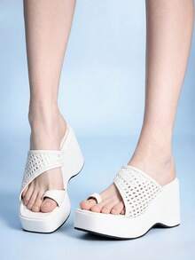 Sugerpunk Ladies, Spike Buckles, Lame-Heeled Platform Sandals. - White - View 1