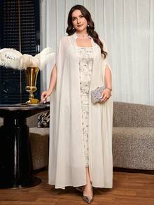 Reflora Conjunto de 2 piezas de vestido largo elegante para fiesta con estampado floral, talla grande - Albaricoque - Ver 8