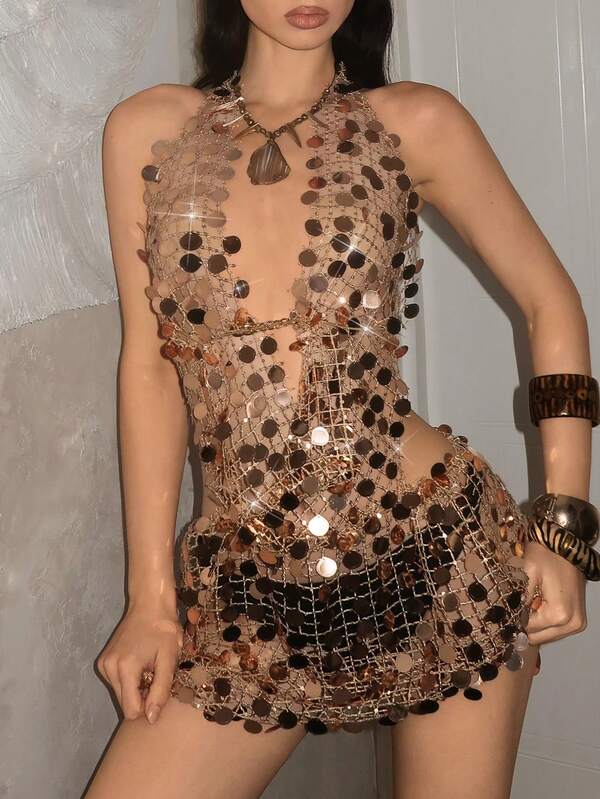 SHEIN DivaQ Women's Party Dress, Fishnet Dress, Sequin Dress, Sexy Sheer Backless, Perfect For Party Outfits, Music Festival Rave Costume