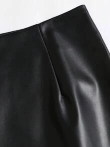 Sweetra 法式優雅復古皮革時尚蕾絲拼接下擺設計慵懶風早春新品辣妹高端女款裙 - 黑色 - 查看 5