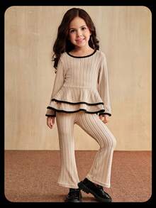SHEIN 2pcs/Set Young Girl Ruffle Trim Round Neck Bell Sleeve Ribbed Hem T-Shirt And Bell Bottom Pants, Sports Fashion Style Suitable For School And Sports - Apricot - View 3
