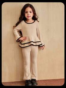 SHEIN 2pcs/Set Young Girl Ruffle Trim Round Neck Bell Sleeve Ribbed Hem T-Shirt And Bell Bottom Pants, Sports Fashion Style Suitable For School And Sports - Apricot - View 5