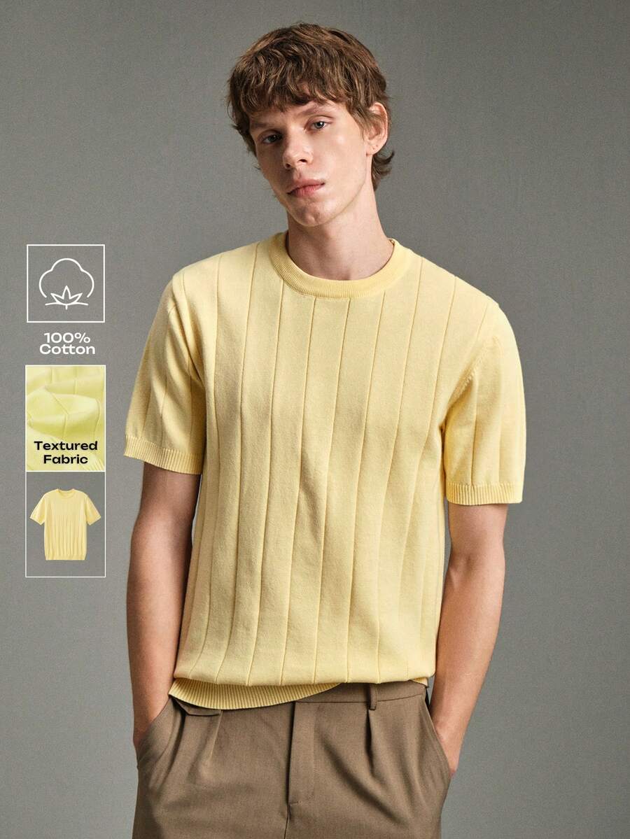 Calmiston Men's Solid Color Casual Versatile Daily Wear Knit Top - Yellow - View 1