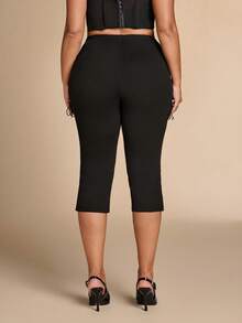 SHEIN BAE CURVE Plus Size Black Sexy Lace-Up Tie-Up Cropped Leggings,Black Sommar Casual Formal Gym Leggings,High Waist Cropped Mid-Calf Length Split Hem Slit Detail - Black - View 2