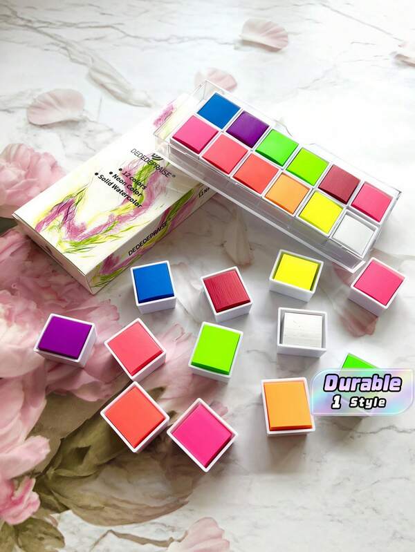 12 Colors Neon Fluorescent Solid Watercolor Paint Set, Vivid High Saturation Fluorescent Pigment, Portable Box Watercolor Kit For Hand Drawing, Journaling, Black Paper Graffiti, Student Art Stationery Gift