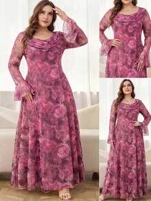 Reflora Vestido de vacaciones elegante con estampado floral, mangas con volantes y plisado, talla grande - Rosa Fucsia - Ver 1