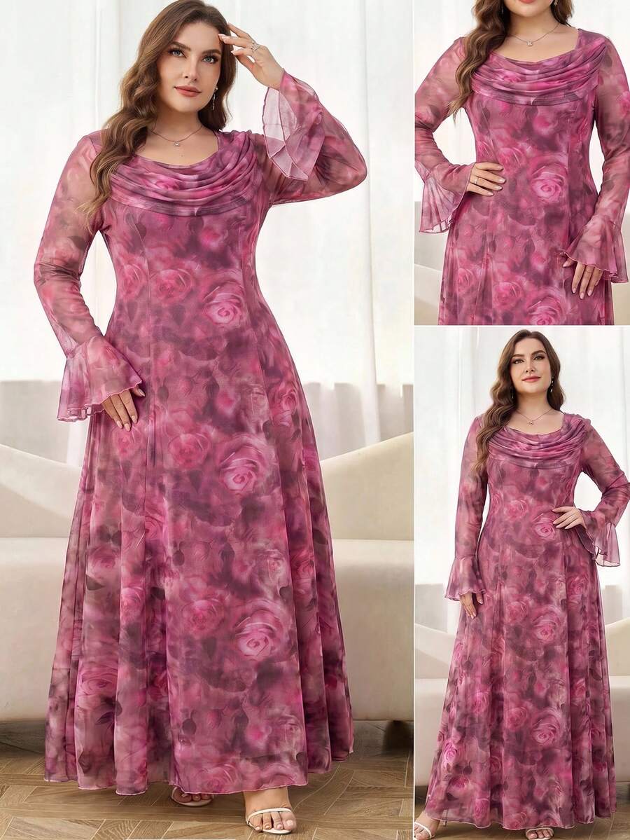 Reflora Vestido de vacaciones elegante con estampado floral, mangas con volantes y plisado, talla grande - Rosa Fucsia - Ver 1
