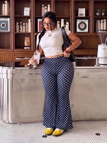 Muchica Plus Size Street Fashion Polka Dot Print Flared Pants For Vacation Vacation Navy Blue Summer 2000s 90s - Navy Blue - View 8