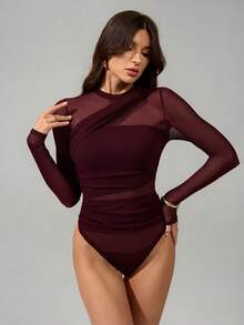 SHEIN Tall 女款栗棕色連身衣，透視網紗長袖，抓皺設計，半高領，適合雞尾酒會、浪漫約會或冬季疊穿 - 紫紅色 - 查看 6