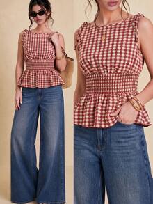 Selenza Fashionable Summer Women's New Red & White Plaid Off-Shoulder Bowknot Waist-Cinching Ruffle Hem Short Tank Top - Red - View 1