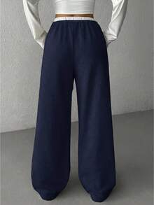 SHEIN Tween Girls Solid Color Straight Leg Casual Knit Pants - Navy Blue - View 2