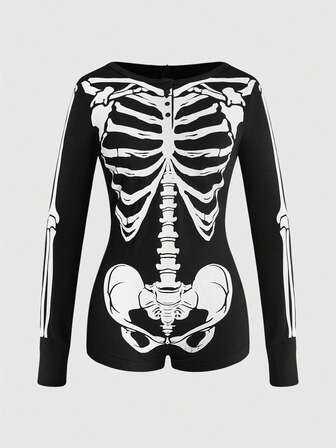 Combinaison ajustée à col Henley avec imprimé squelette gothique sombre pour Halloween