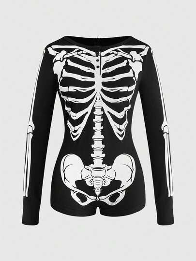 Goth Tuta aderente con stampa di scheletro gotico scuro per Ognissanti, collo Henley