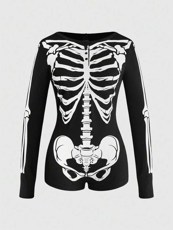 ROMWE Dark Gothic Halloween Skeleton Skeleton Print Henley Neck Fitted Jumpsuit