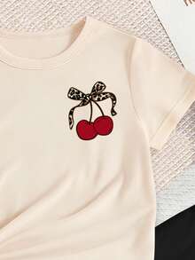 Elladie kids 女童時尚創意極簡豹紋蝴蝶結與櫻桃圖案基礎短版T恤與內搭褲套裝 - 彩色 - 查看 7