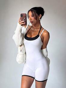 Mistrie Contrast Trim Spaghetti Strap Romper, Sexy Slim Fit Athletic Romper - Black and White - View 5
