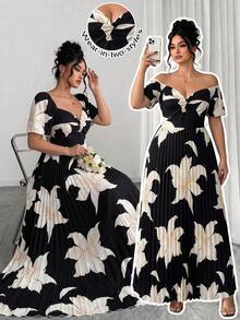 SHEIN Clasi Women's PlusSizeBlack Apricot Lily Pleated ReversibleOff‑ShoulderMaxi Dress. Floralgown For Weddings, Dates, Proms, Parties Ideal For Various Holidays - Black - View 1