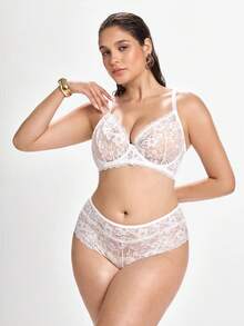 Slumbrini 3pcs White Underwire High Support High Coverage Bra + 2 Panties Lace Patchwork Elegant Classic Plus Size Lingerie Set White Lingerie - White - View 1