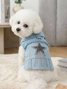 PETSIN 1件裝飾流蘇星星寵物外套，適合貓狗穿著，適合小型犬日常穿著 - 藍色 - 查看 3
