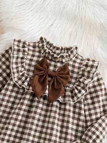 Emery Rose Kids Emery Rose Kids 兒童少女可愛度假休閒杏色格紋蝴蝶結長袖寬鬆連身裙 秋季花卉洋裝 校服 開學穿搭 - 卡其色 - 查看 14