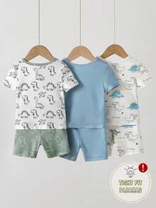 SHEIN 6件套幼儿男童贴身睡衣套装，图案包括海洋鲨鱼、恐龙、火箭和行星，采用柔软舒适的弹力面料制成，色彩鲜艳明快，适合儿童穿着。 - 彩色 - 查看 2