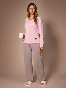 Lazeform Women's Casual Ribbed Colorblock Patchwork Raglan Sleeve Patch Decor Long Sleeve Long Pants Loungewear Set - Multicolor - View 5
